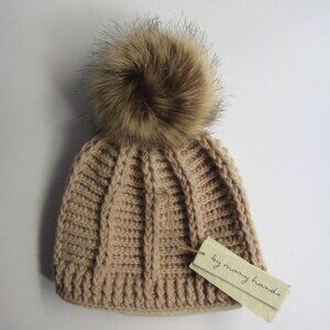 By Many Hands Brecken Beanie Fleece Lined Nepal Wool Hat w/ Pom Pom Tan NWT